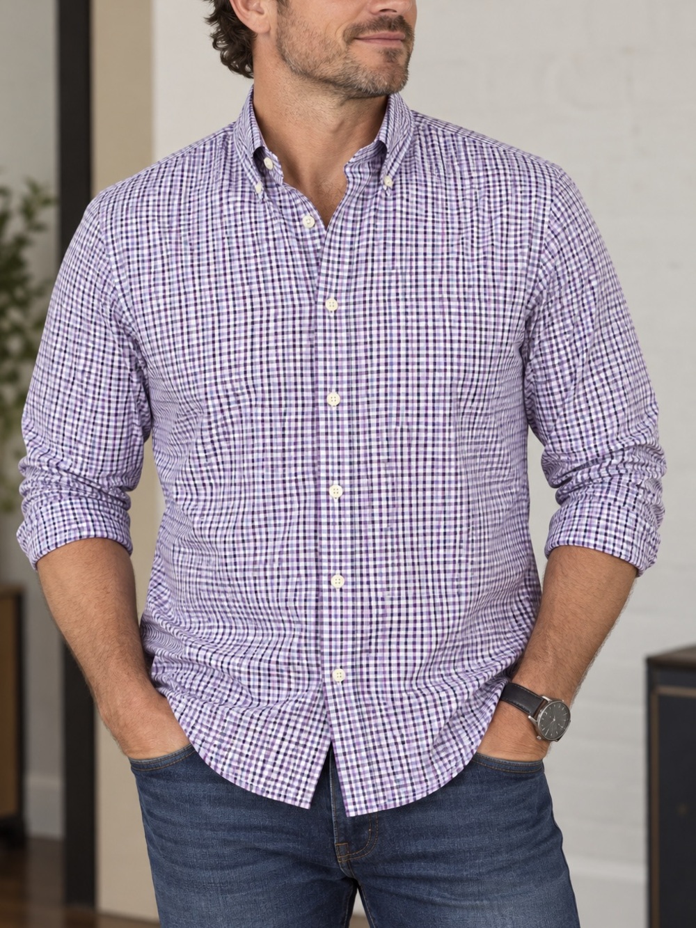 Michael Kors MENS No Iron Button Down Dress Shirt Sz 16.5 Purple and Blue plaid